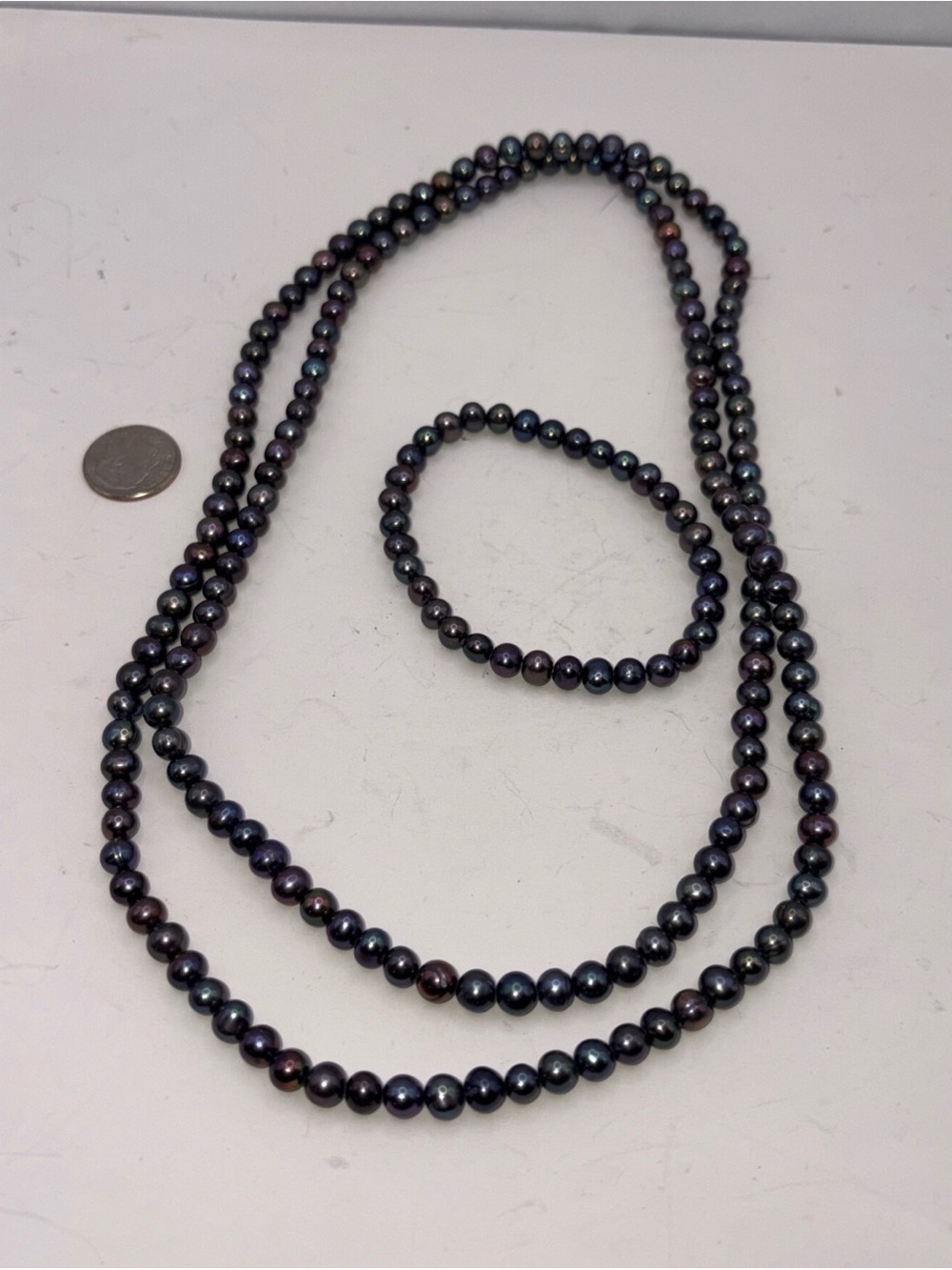 38 Inch Long 3-4mm Black Peacock Freshwater Pearl Rope Necklace Matching Bracele